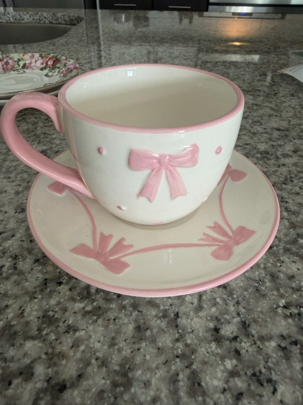 Pink Bow Ceramic Teacup and Saucer Set - Elegant Home Dining Drinkware